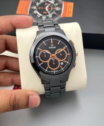 first copy Rado men’s ceramic chronograph watch premium quartz black and rose gold dial