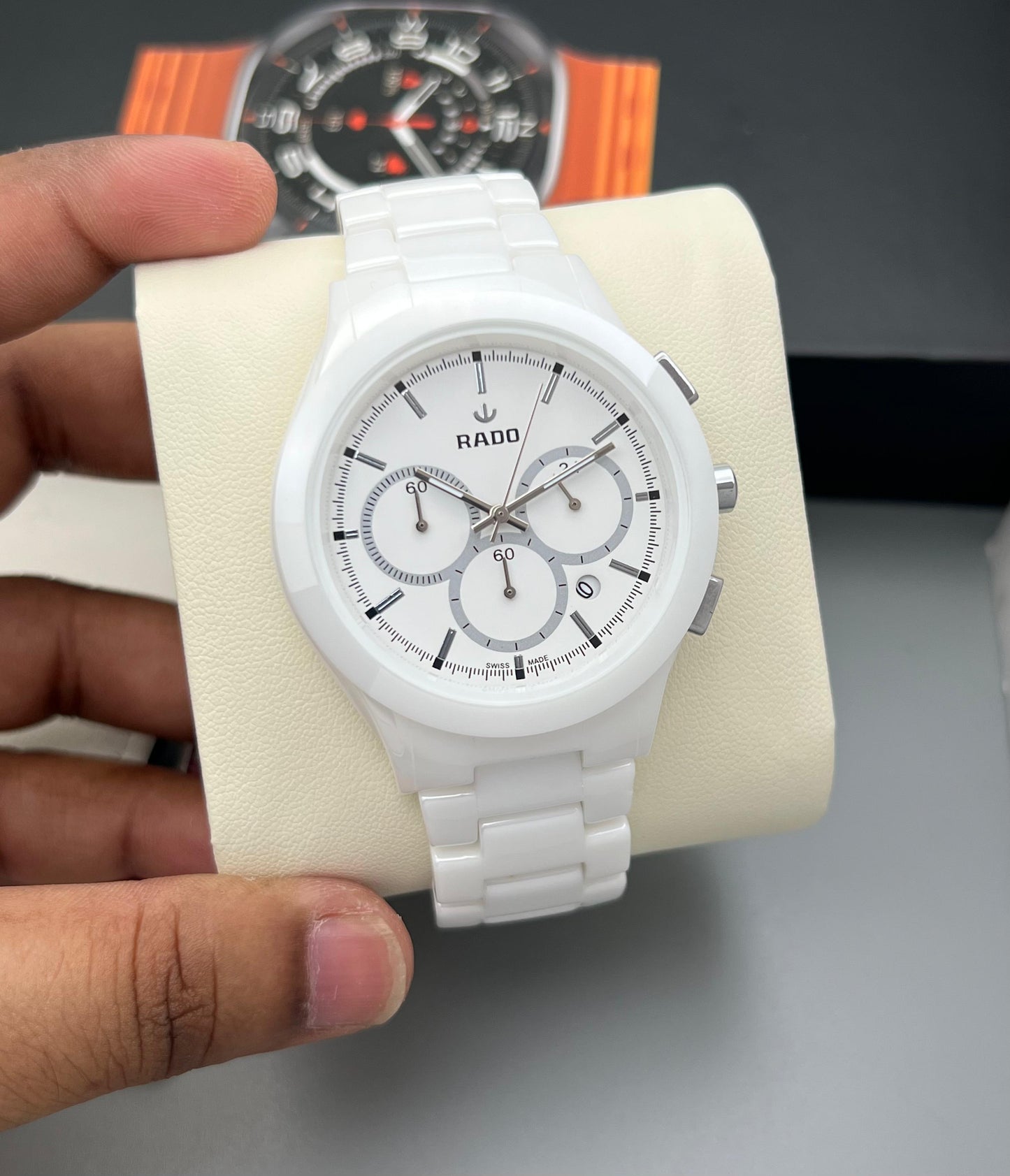 first copy Rado men’s ceramic chronograph watch premium quartz white and silver dial
