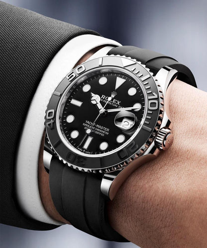 Rolex Yacht Master first copy men’s watch black silver bezel India black fiber strap