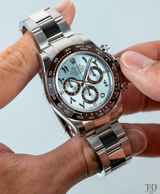 First copy rolex watch with blue dial and arabic figures with ceramic bezzel and silver steel strap