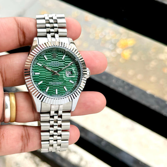 Rolex Datejust first copy watch green motif dial silver strap India