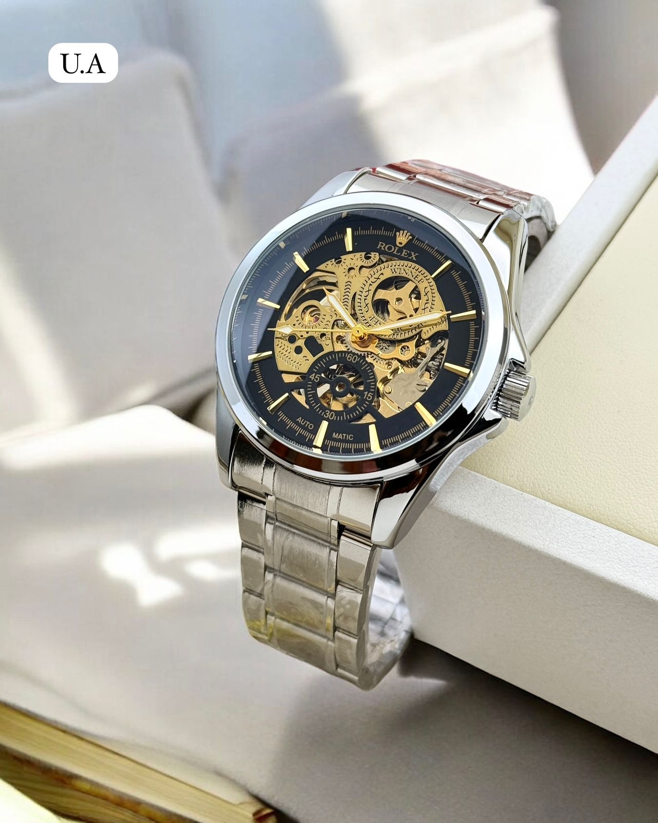 First copy rolex watch black and gold colour dial and silver body