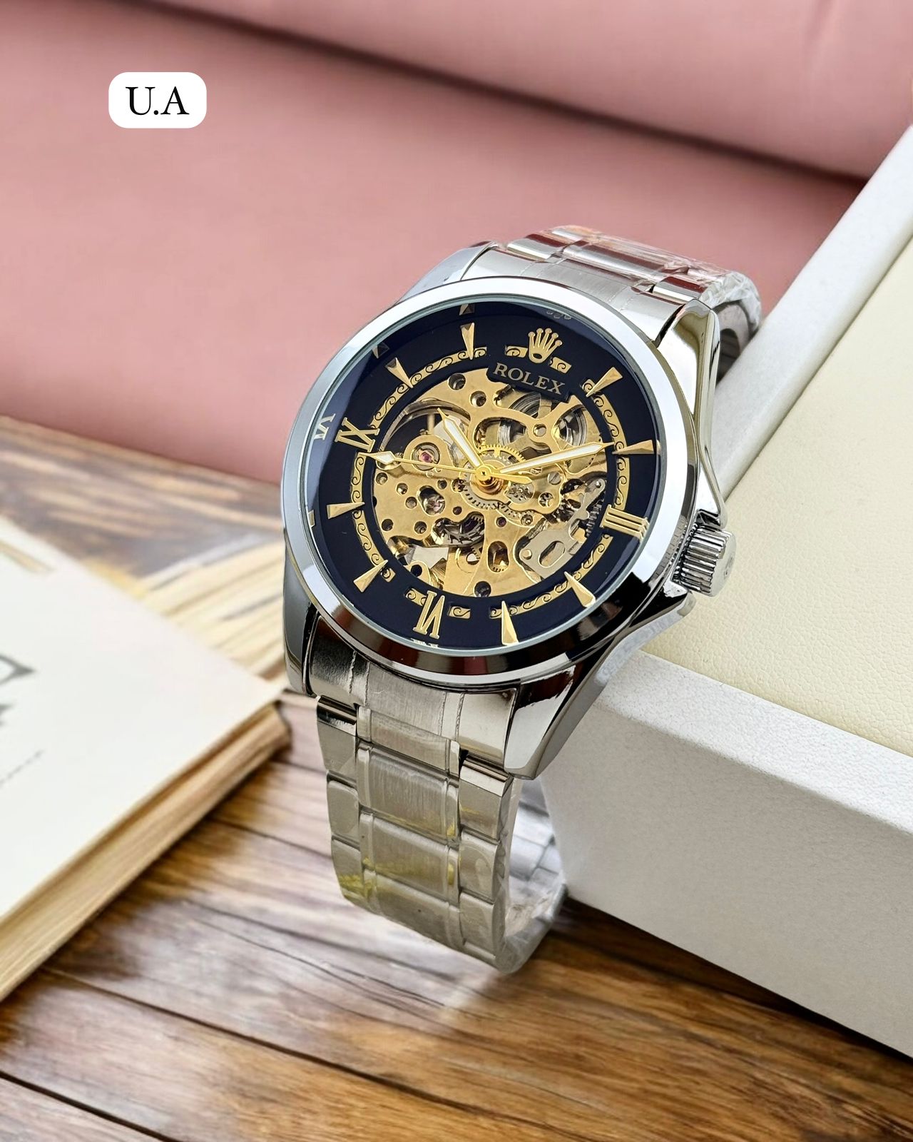 First copy rolex watch black and gold colour dial and silver body