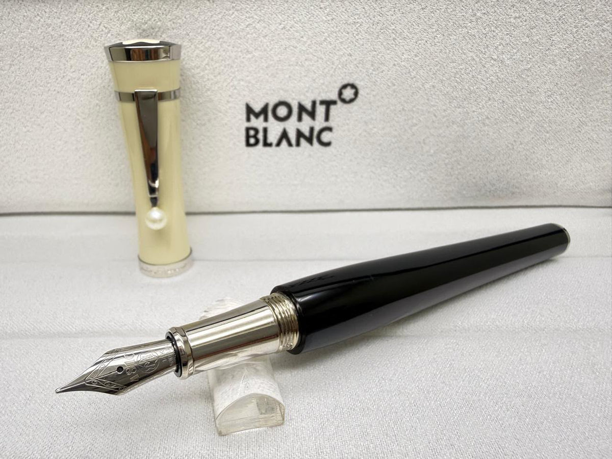 Montblanc first copy fountain pen in black and ivory Greta Garbo style with silver tone on cap