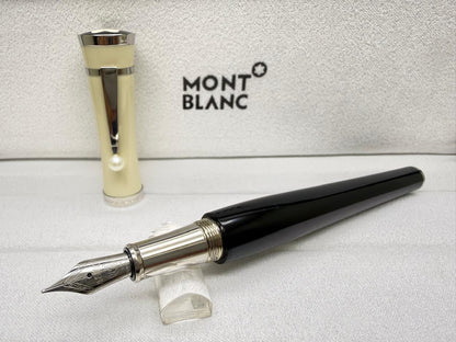 Montblanc first copy fountain pen in black and ivory Greta Garbo style with silver tone on cap