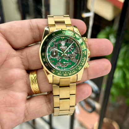 Rolex Daytona Skeleton replica gold watch with green bezel in India