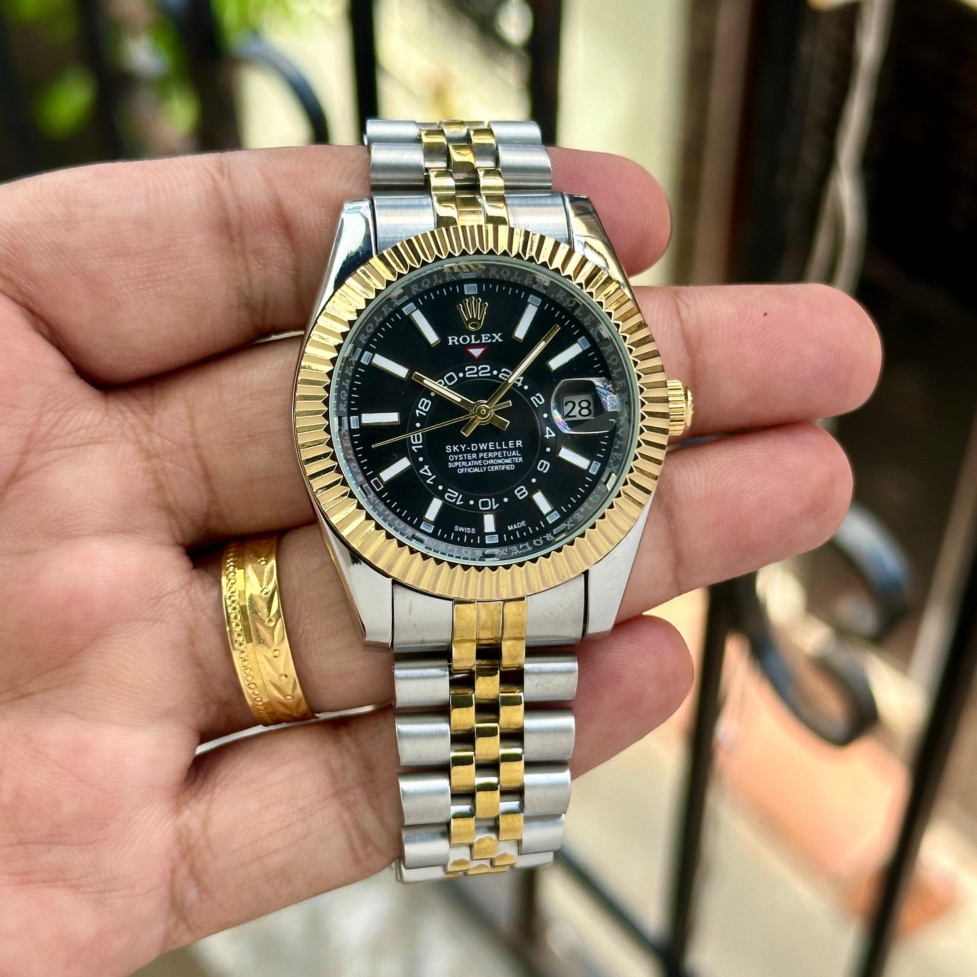 Rolex Sky-Dweller men’s black dial gold bezel 1st copy watch