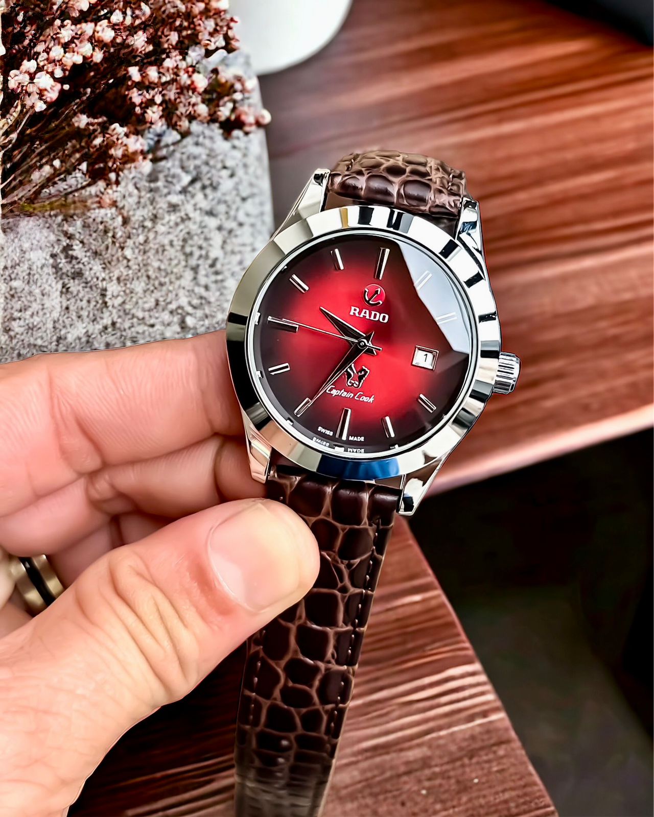 Rado Captain Cook first copy men’s watch 7A premium red dial brown leather strap