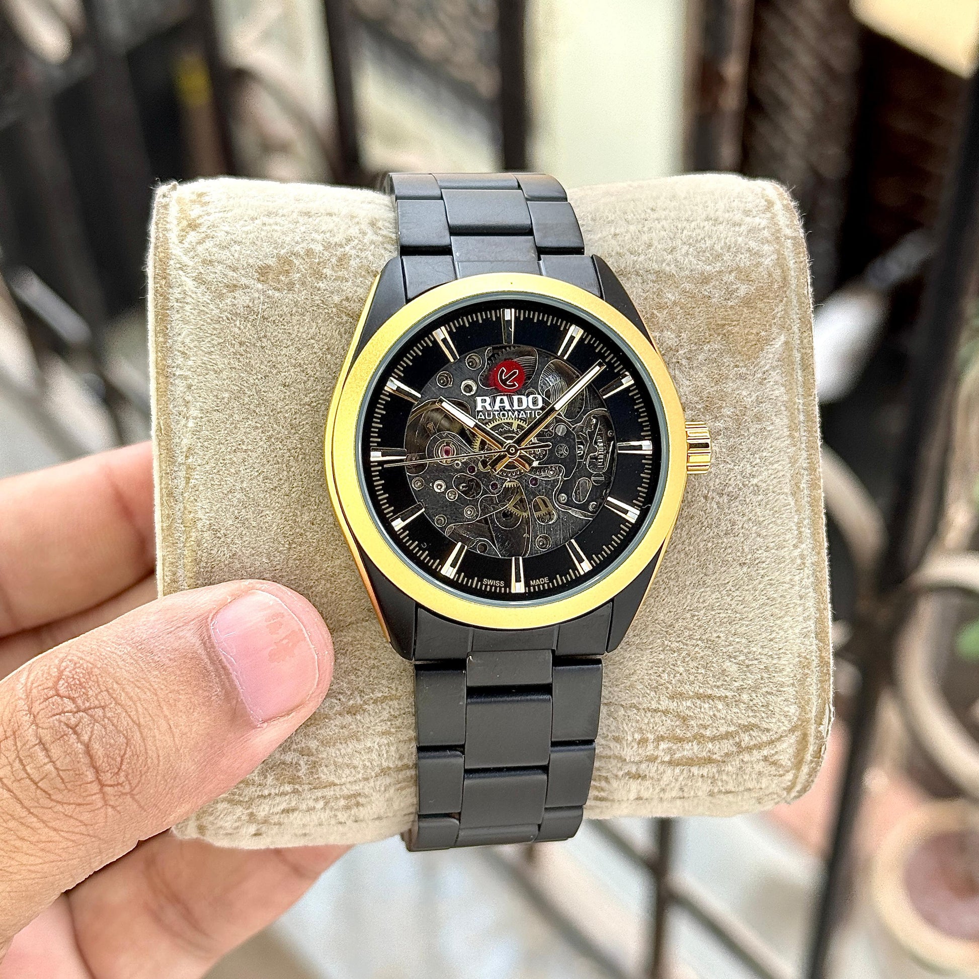 Rado black skeleton automatic 1st copy replica watch with gold bezel