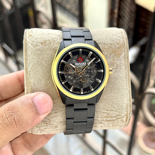 Rado black skeleton automatic 1st copy replica watch with gold bezel