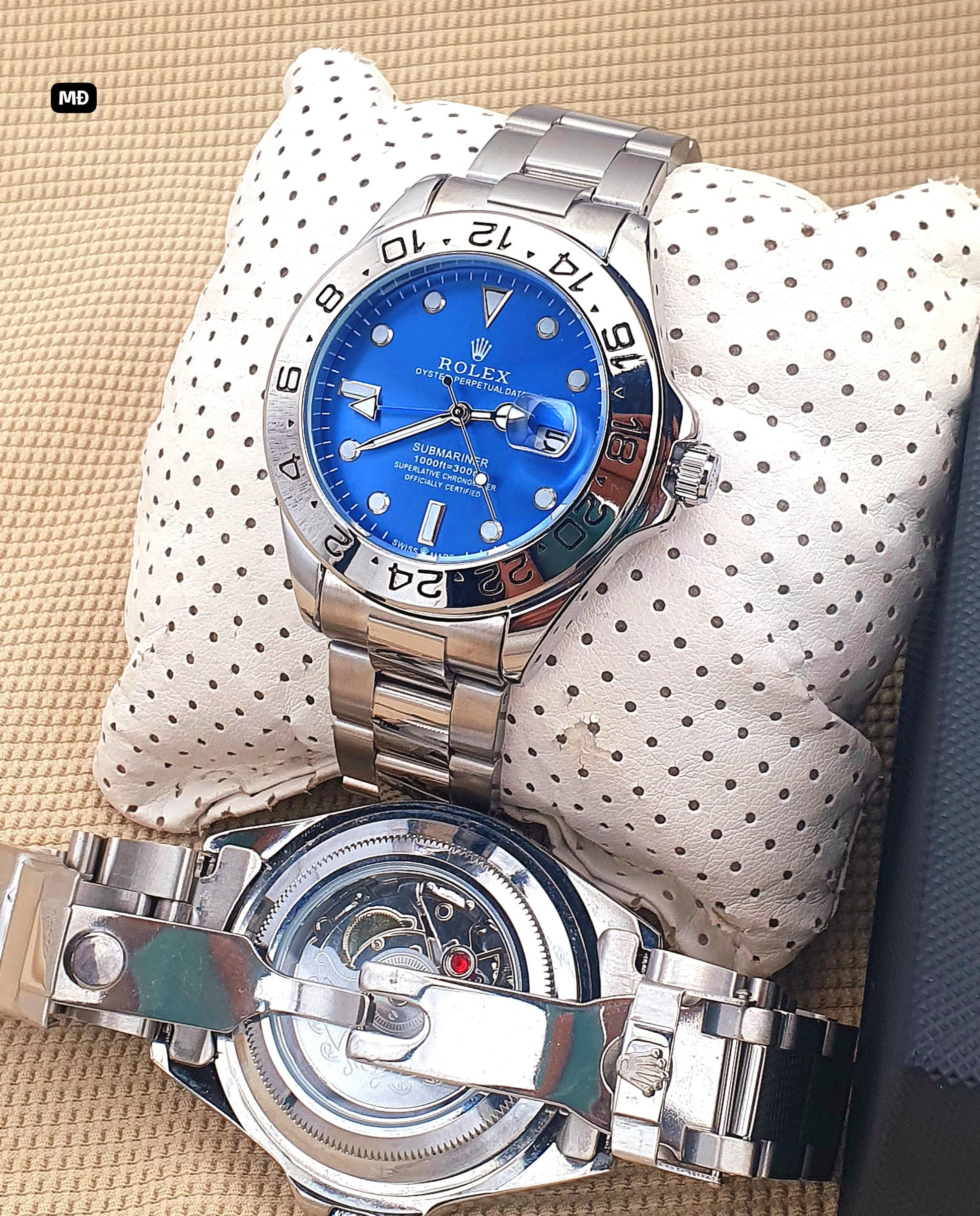 buy first copy rolex watch with metal strap and navy blue dial 